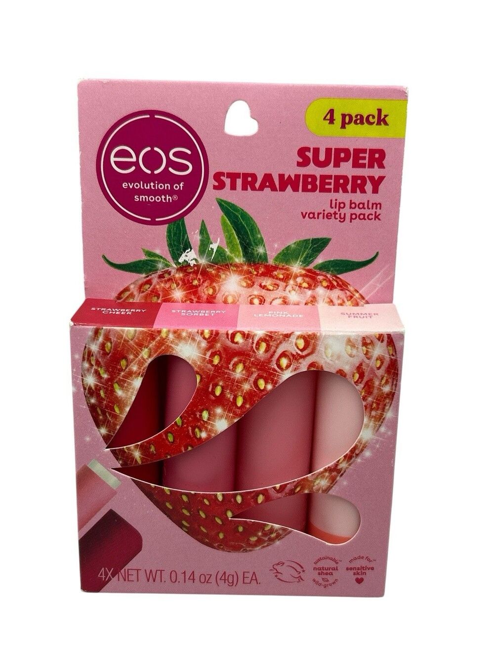 EOS Super Strawberry Lip Balm Variety Pack - 4 Pack Sticks - New in Box